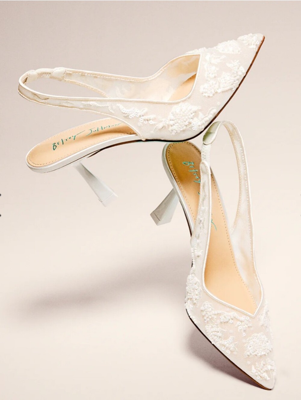 Betsey Johnson Nikki blue bottom bridal ivory bead embellished slingback heels